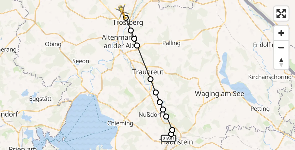 Flugroute Rettungshubschrauber Traunstein Hospital - Oberfeldkirchen, 21 März 2026, 07:29