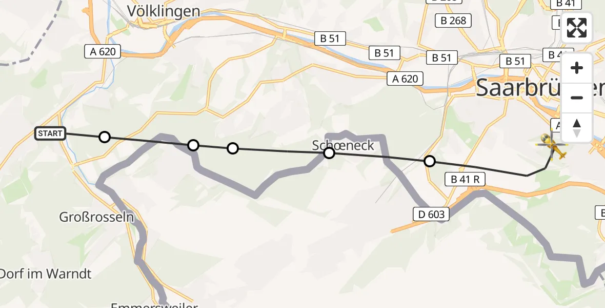 Flugroute Rettungshubschrauber Völklingen - Saarbrücken, 21 März 2026, 07:47