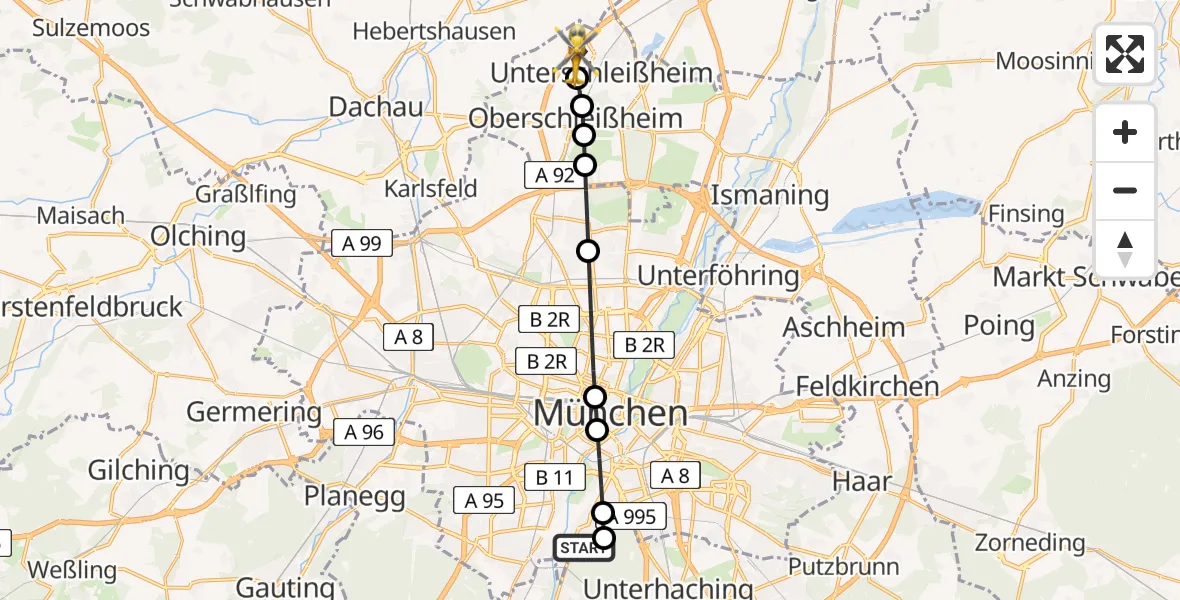 Flugroute Rettungshubschrauber ADAC Air Rescue Center Hubschrauberlandeplatz (Christoph 1) - Unterschleißheim, 21 März 2026, 07:55