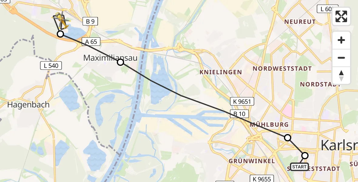 Flugroute Rettungshubschrauber Sankt Vincentius Hospital - Wörth am Rhein, 21 März 2026, 07:55