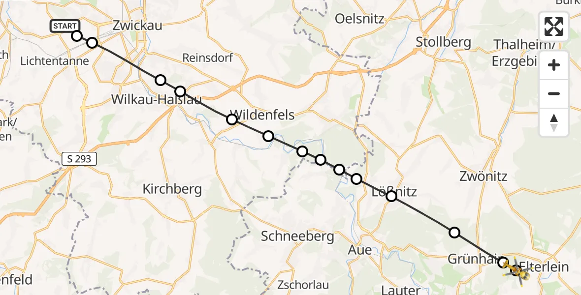 Flugroute Rettungshubschrauber ADAC Air Rescue Station Zwickau Hubschrauberlandeplatz - Elterlein, 21 März 2026, 07:56