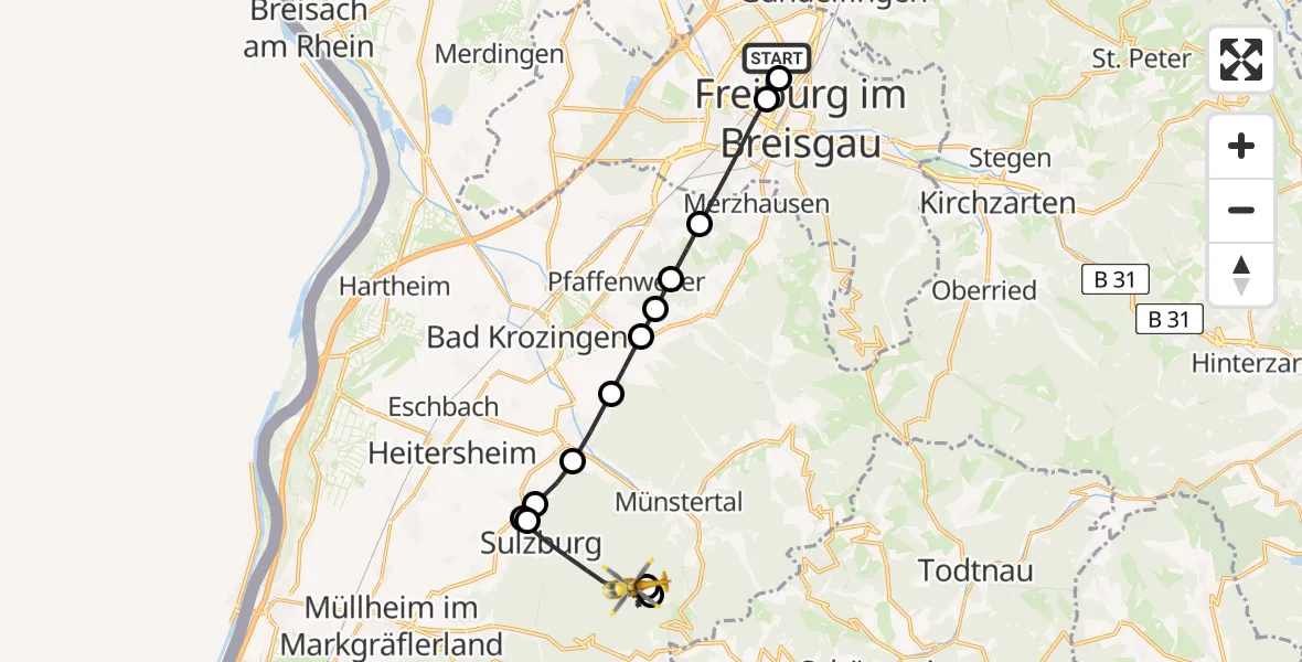 Flugroute Rettungshubschrauber Freiburg im Breisgau - Sulzburg (Kernstadt), 21 März 2026, 08:04