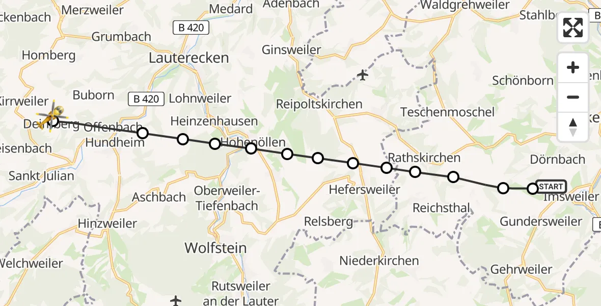 Flugroute Rettungshubschrauber Imsweiler UL - Deimberg, 21 März 2026, 08:09