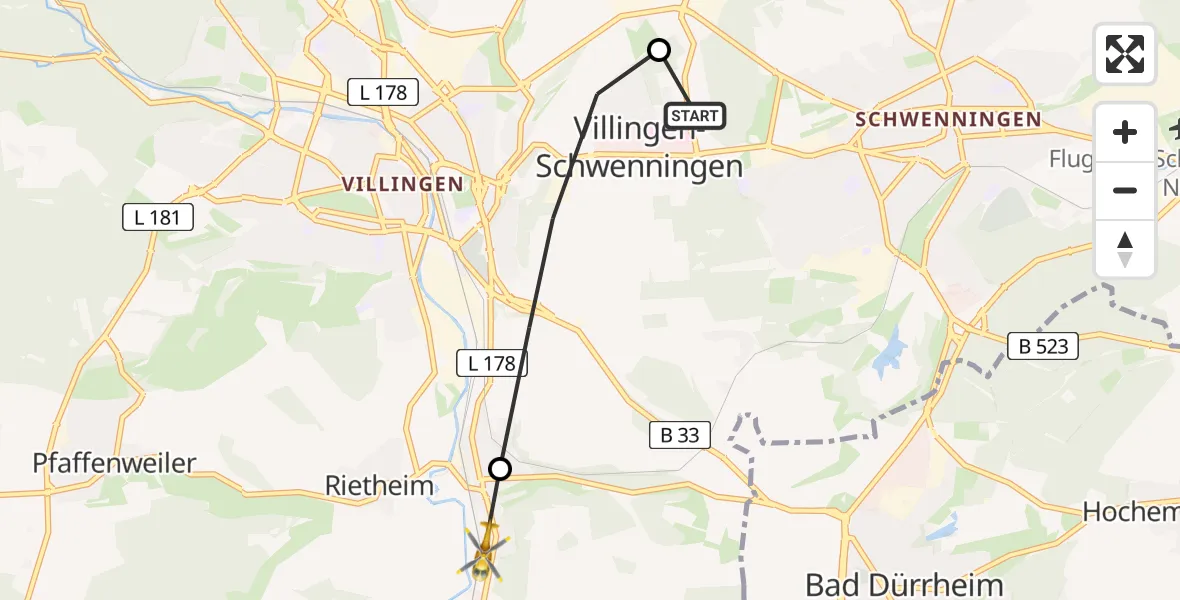 Flugroute Rettungshubschrauber DRF Air Rescue Station Villingen-Schwenningen Hubschrauberlandeplatz (Christoph 11) - Marbach, 21 März 2026, 08:13