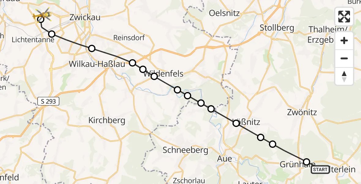 Routekaart van de vlucht: Rettungshubschrauber nach ADAC Air Rescue Station Zwickau Hubschrauberlandeplatz