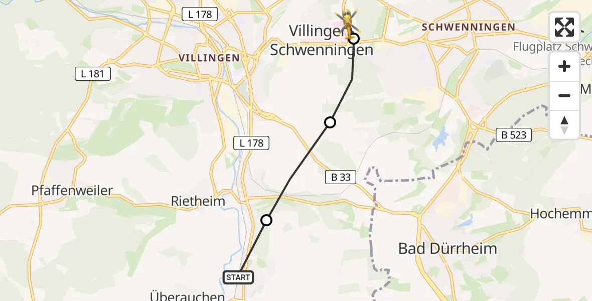 Routekaart van de vlucht: Rettungshubschrauber nach DRF Air Rescue Station Villingen-Schwenningen Hubschrauberlandeplatz (Christoph 11)