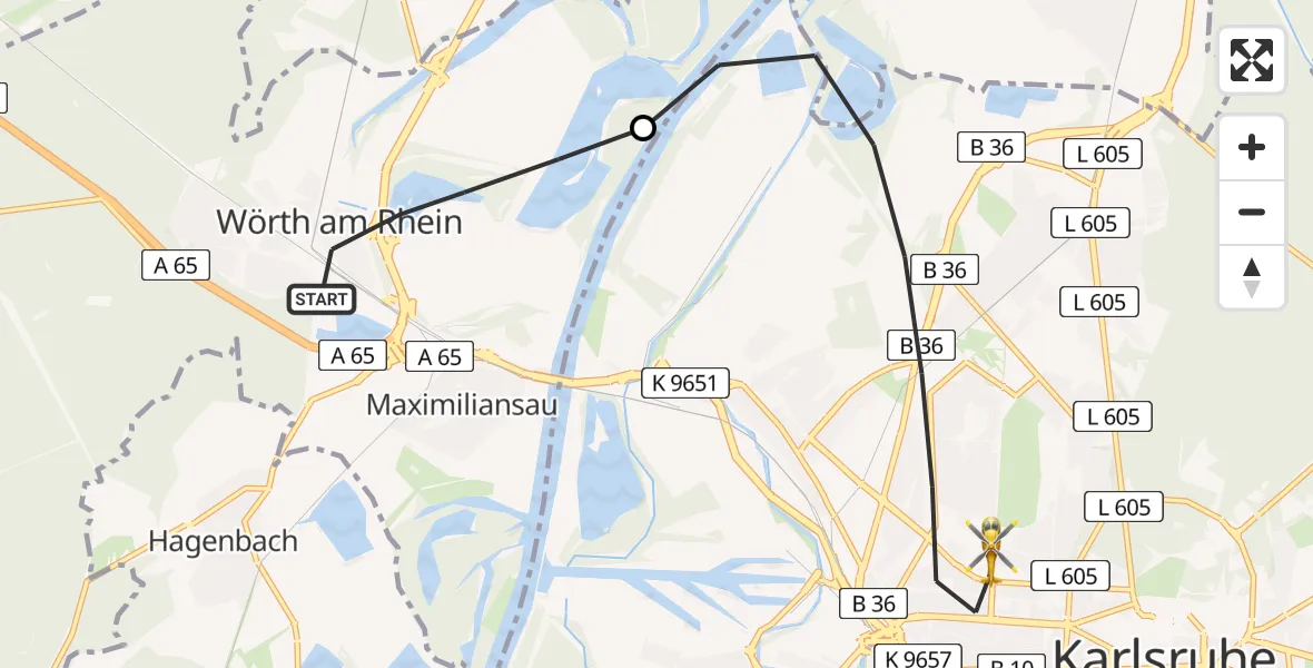 Routekaart van de vlucht: Rettungshubschrauber nach Karlsruhe, Franz-Lust-Straße