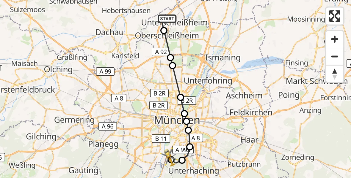 Flugroute Rettungshubschrauber Unterschleißheim - ADAC Air Rescue Center Hubschrauberlandeplatz (Christoph 1), 21 März 2026, 08:46
