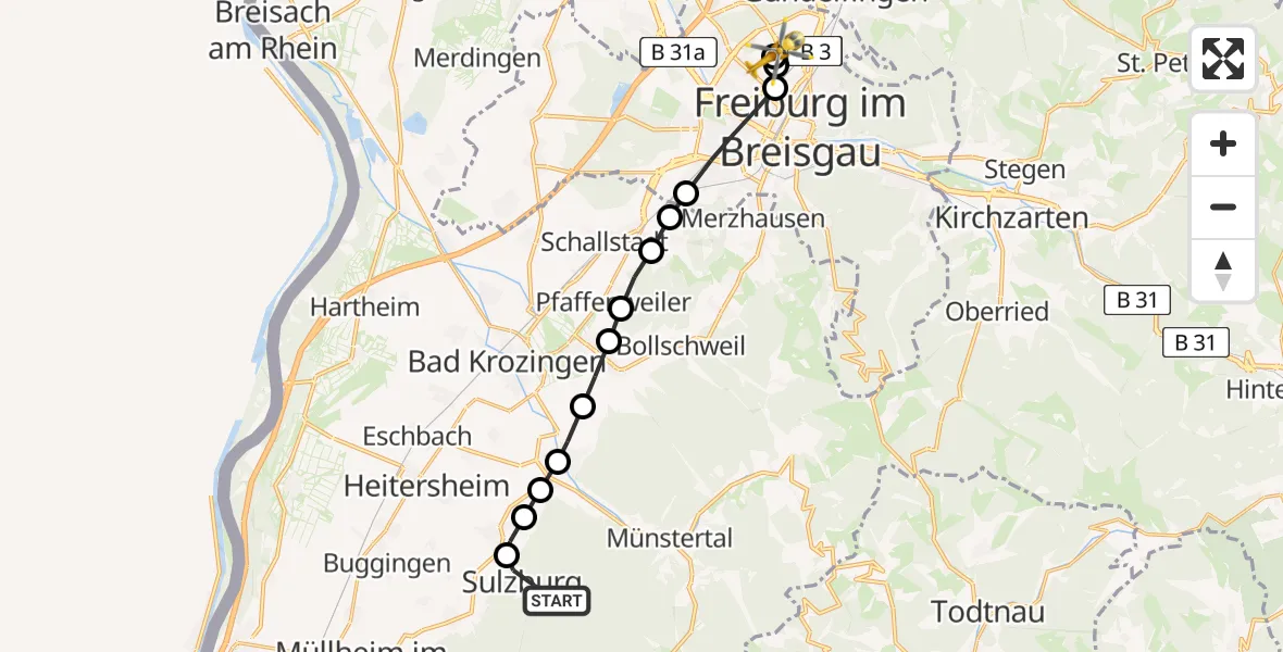 Flugroute Rettungshubschrauber Sulzburg (Kernstadt) - Freiburg im Breisgau Flugplatz, 21 März 2026, 08:56