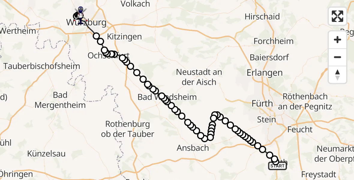 Flugroute Polizeihubschrauber Kiliansdorf - Würzburg-Schenkenturm Flugplatz, 21 März 2026, 09:02