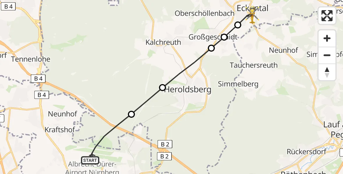 Flugroute Rettungshubschrauber Flughafen Nuremberg - Eschenau, 21 März 2026, 09:07