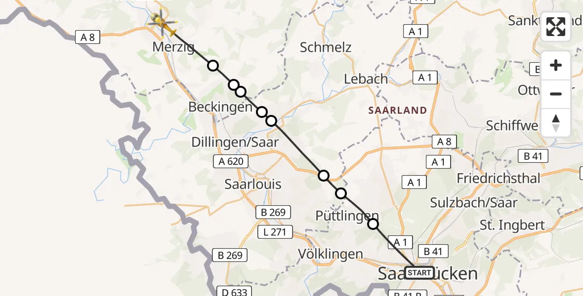 Flugroute Rettungshubschrauber Saarbrücken - Merzig, 21 März 2026, 09:08