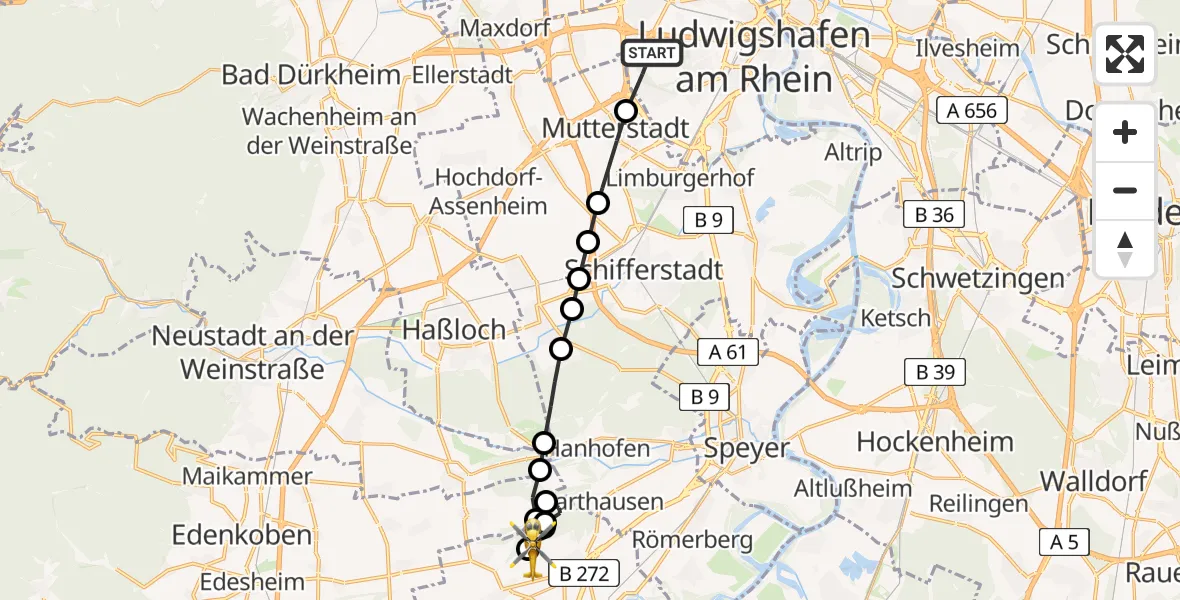 Flugroute Rettungshubschrauber Ludwigshafen am Rhein - Weingarten (Pfalz), 21 März 2026, 09:09
