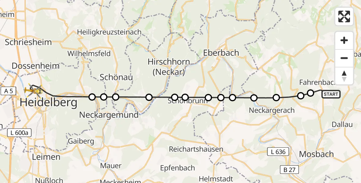 Flugroute Rettungshubschrauber Fahrenbach - Heidelberg, 21 März 2026, 09:16