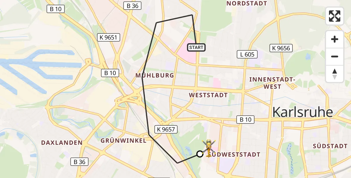 Flugroute Rettungshubschrauber Karlsruhe - Sankt Vincentius Hospital, 21 März 2026, 09:16