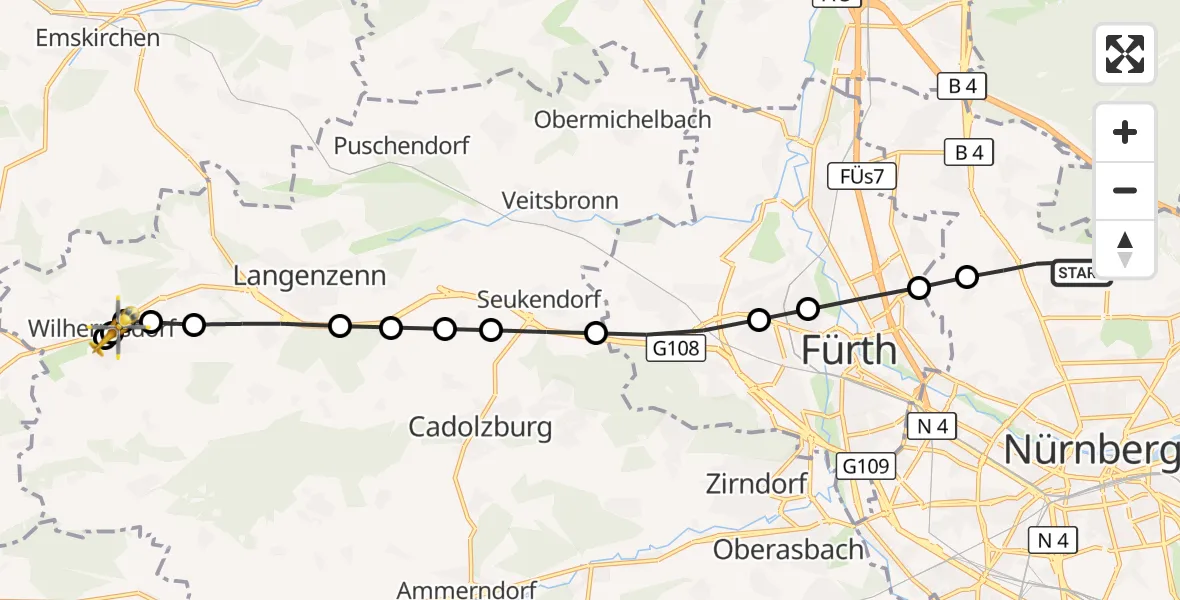 Flugroute Ambulanzhubschrauber Flughafen Nuremberg - Wilhermsdorf, 21 März 2026, 09:17