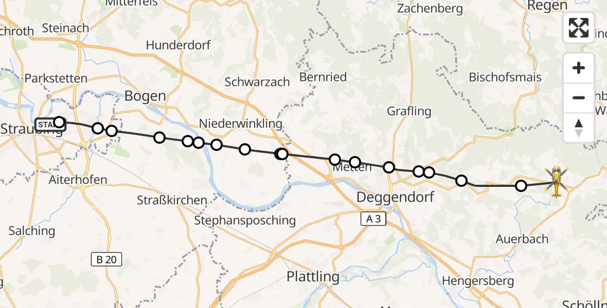 Flugroute Rettungshubschrauber Sankt Elisabeth Hospital Straubing - Ranzing, 21 März 2026, 09:26