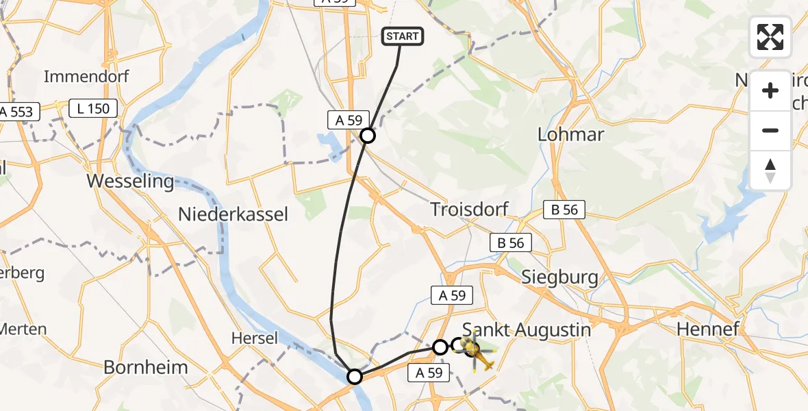 Flugroute Ambulanzhubschrauber Köln Bonn Flughafen - Bonn-Hangelar Flugplatz, 21 März 2026, 09:28