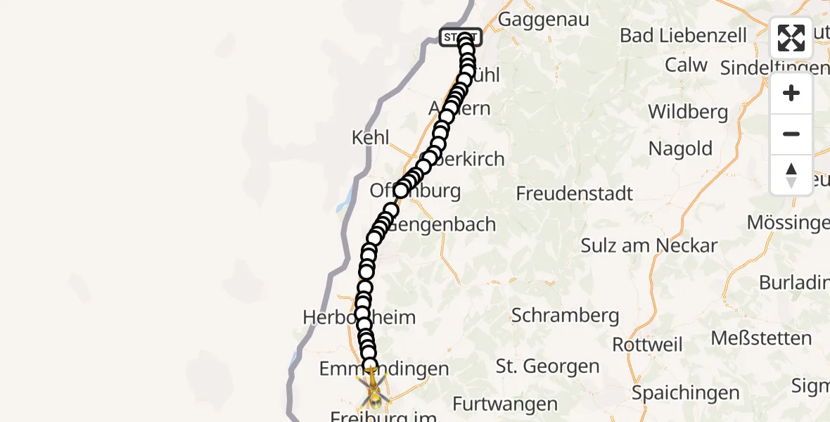 Routekaart van de vlucht: Ambulanzhubschrauber nach Reute, Raiffeisenstraße