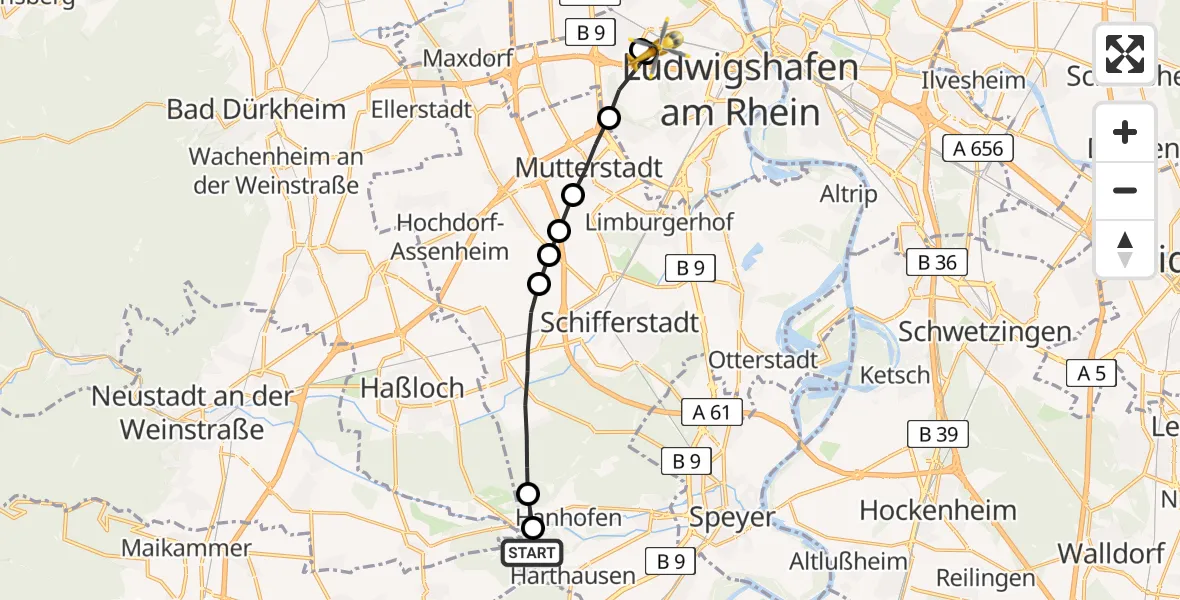 Routekaart van de vlucht: Rettungshubschrauber nach Ludwigshafen Accident Hospital Hubschrauberlandeplatz