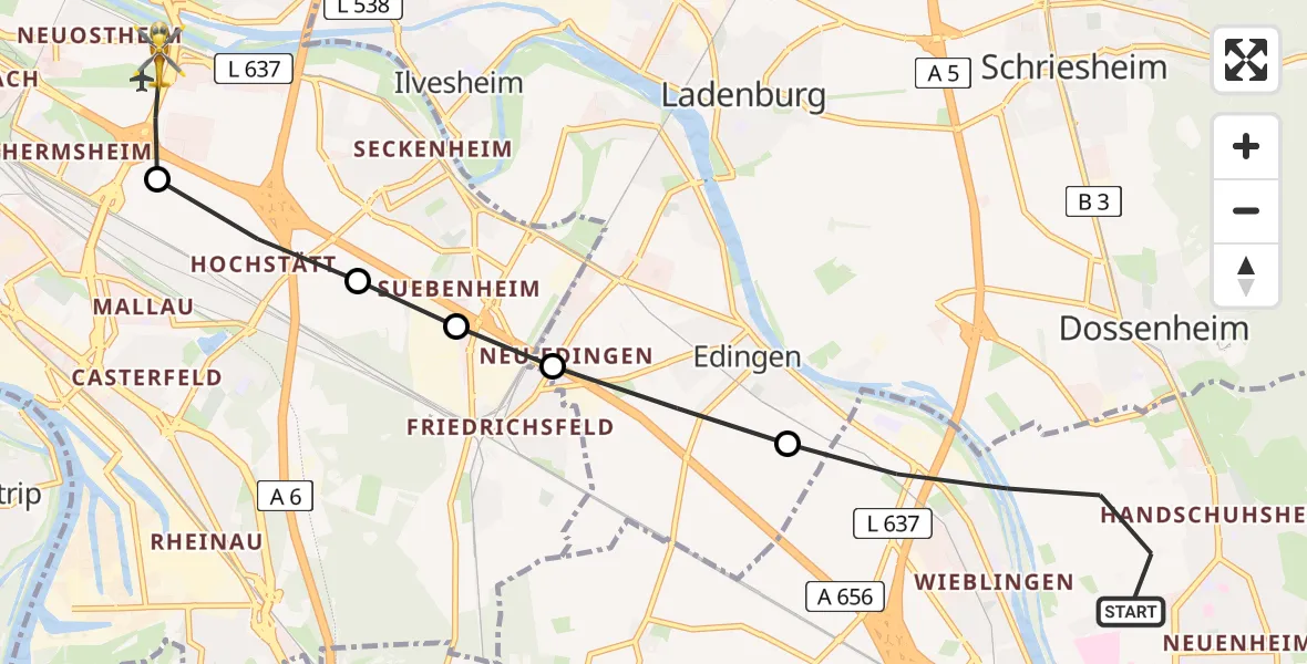 Flugroute Rettungshubschrauber Heidelberg - Mannheim-City Flughafen, 21 März 2026, 10:04