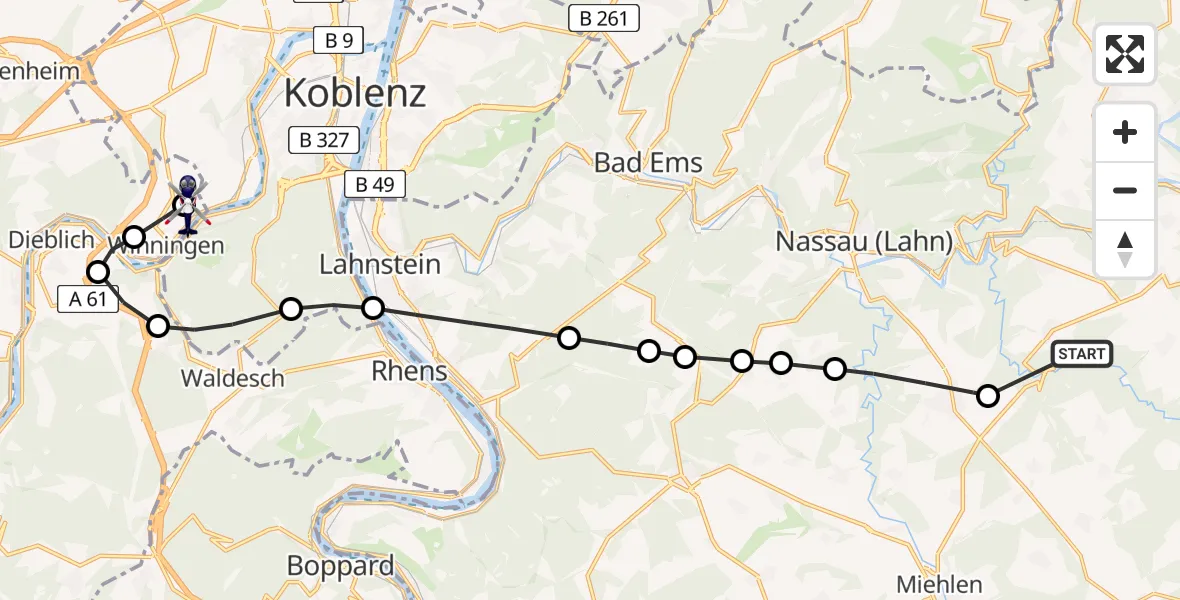 Routekaart van de vlucht: Polizeihubschrauber nach Koblenz-Winningen Flugplatz