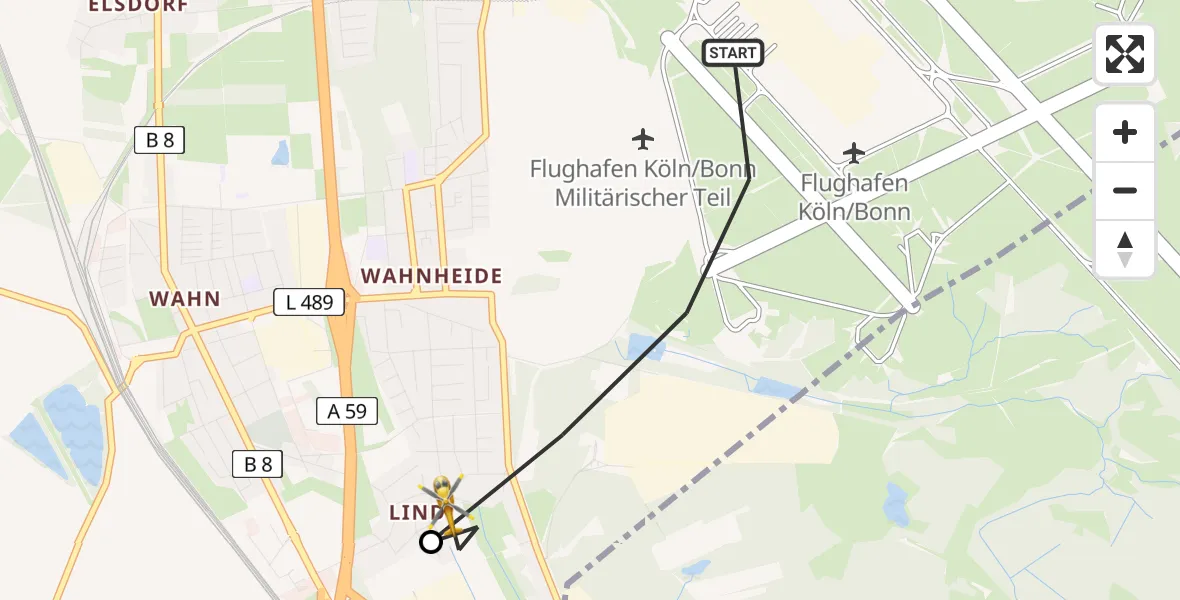 Flugroute Rettungshubschrauber Köln Bonn Flughafen - Porz, 21 März 2026, 10:10