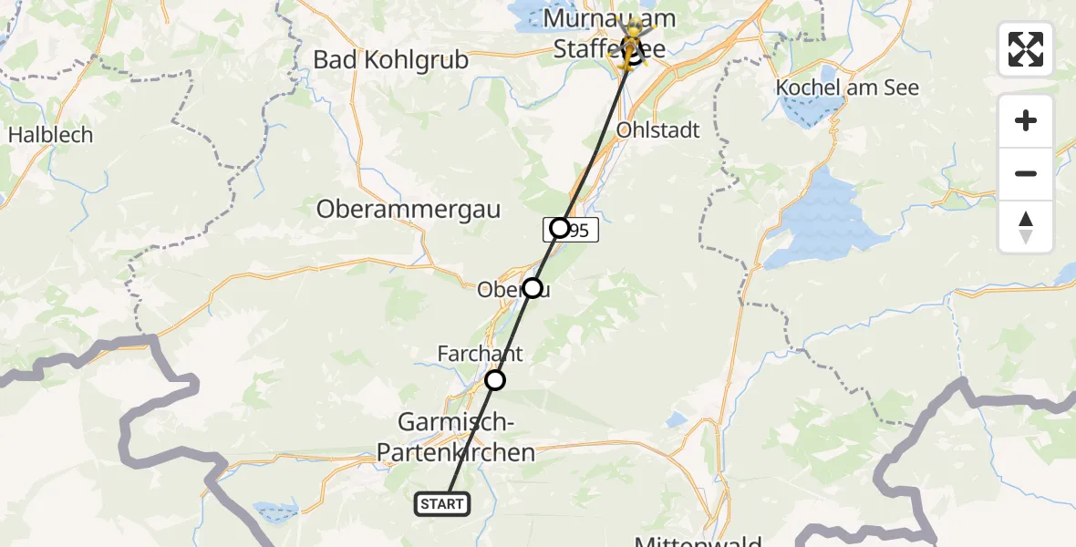 Flugroute Rettungshubschrauber Garmisch-Partenkirchen - Murnau Accident Hospital, 21 März 2026, 10:12