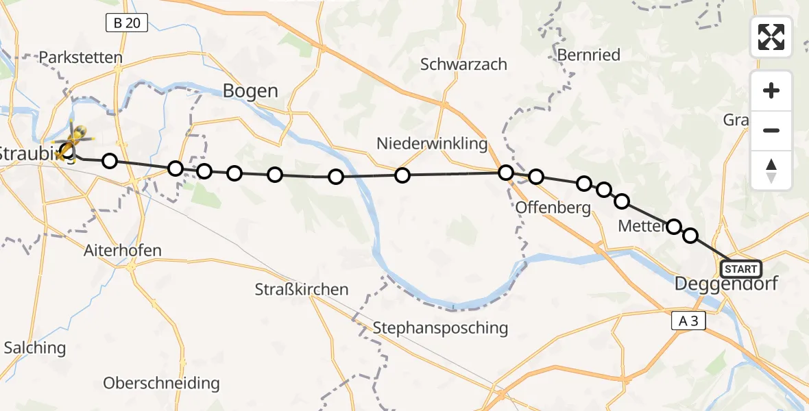Flugroute Rettungshubschrauber Kleinfilling - Sankt Elisabeth Hospital Straubing, 21 März 2026, 10:13