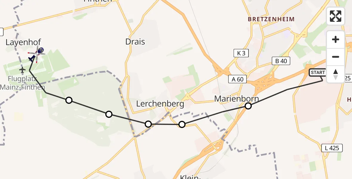 Flugroute Polizeihubschrauber Mainz - Mainz-Finthen Flugplatz, 21 März 2026, 10:18