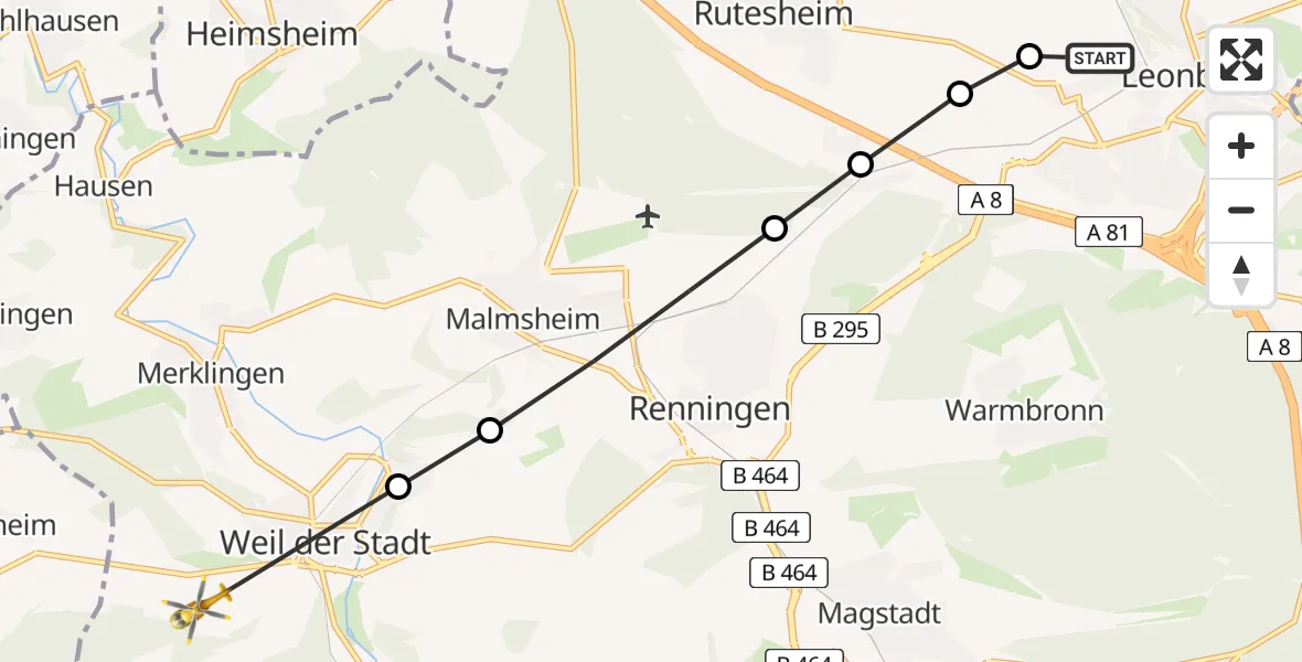 Flugroute Rettungshubschrauber Leonberg Hospital - Weil der Stadt (Kernstadt), 21 März 2026, 10:19