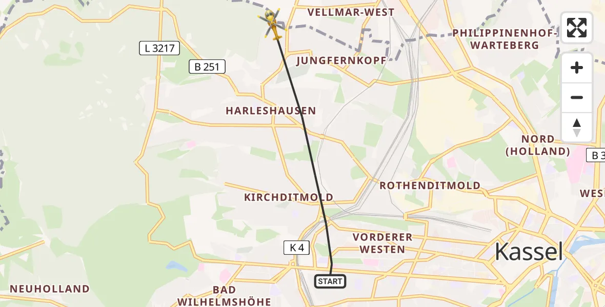 Flugroute Rettungshubschrauber Kassel - Kassel, 21 März 2026, 10:20