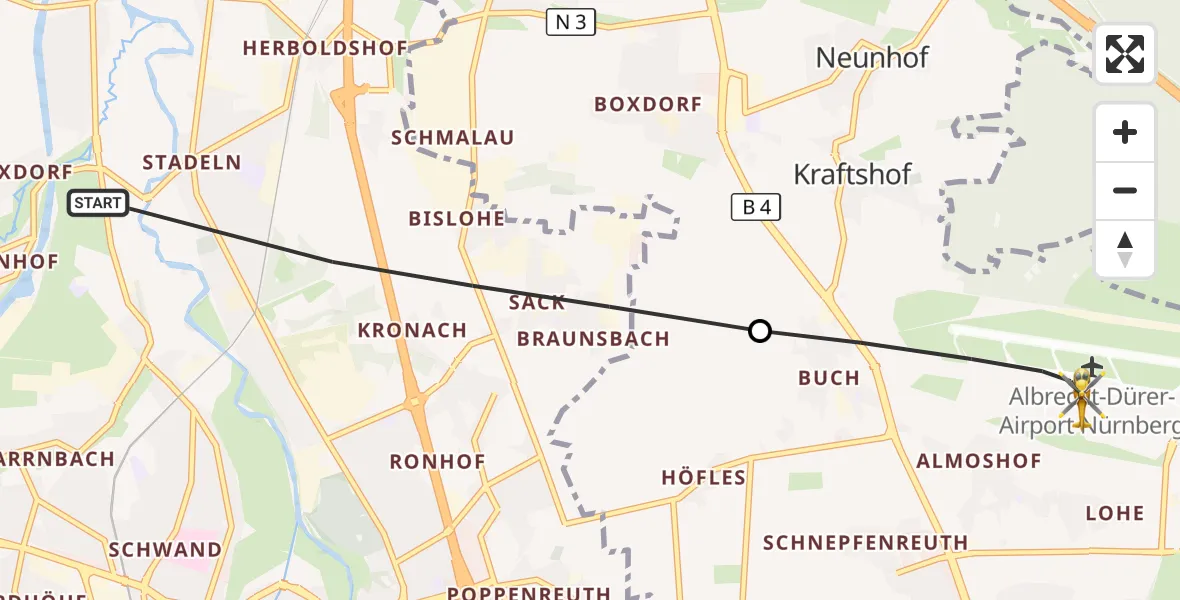 Flugroute Ambulanzhubschrauber Fürth - Flughafen Nuremberg, 21 März 2026, 10:37