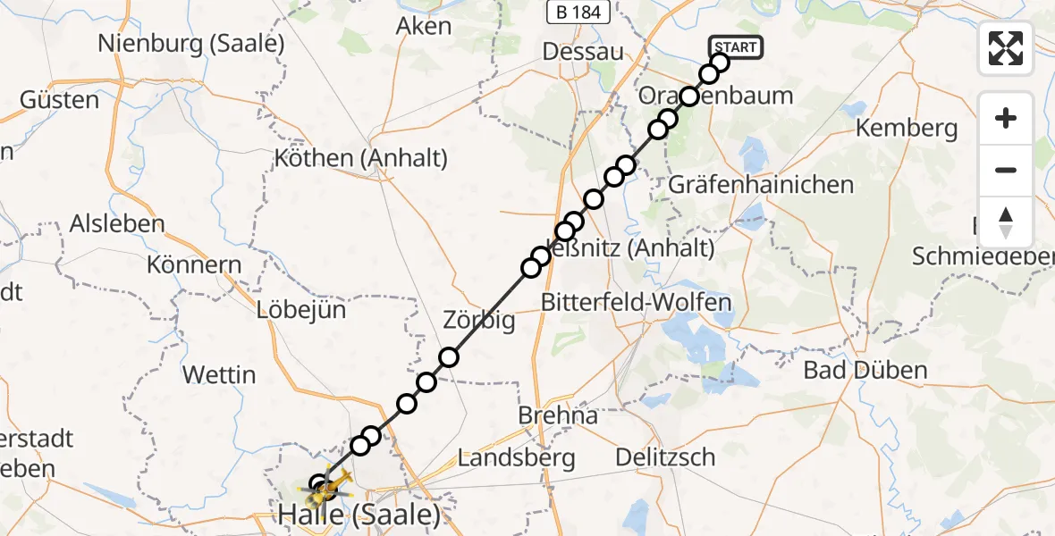Routekaart van de vlucht: Rettungshubschrauber nach Halle (Saale) University Hospital
