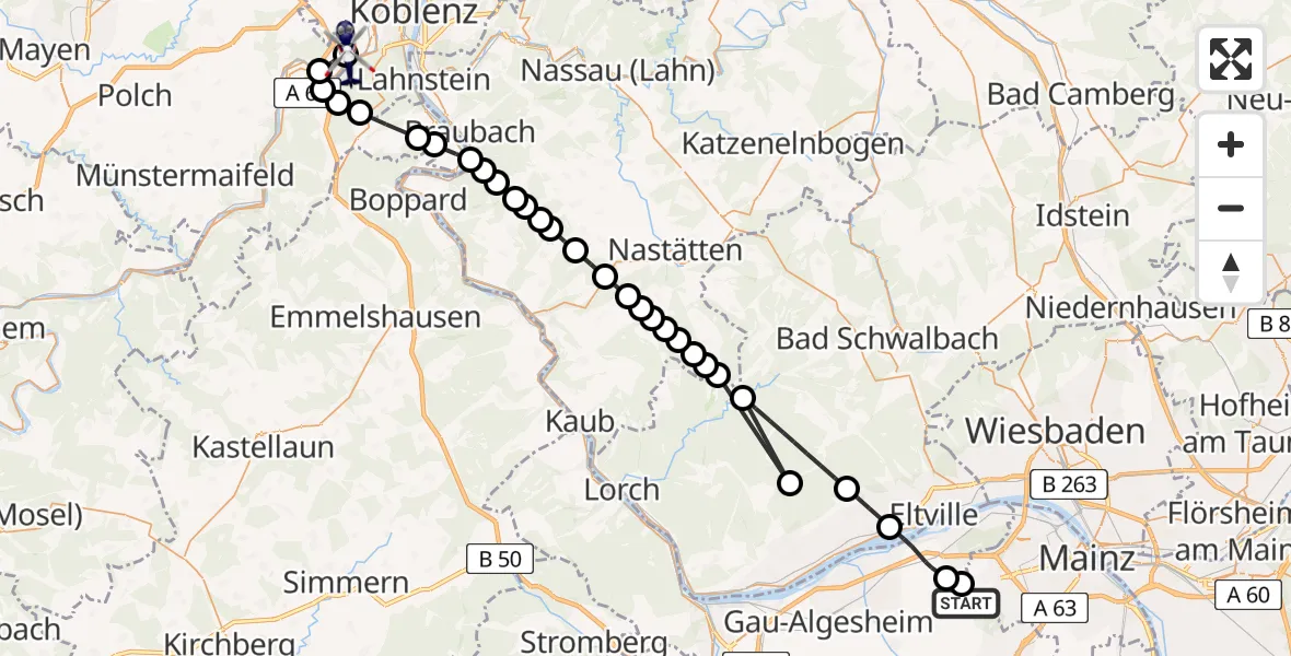 Routekaart van de vlucht: Polizeihubschrauber nach Koblenz-Winningen Flugplatz