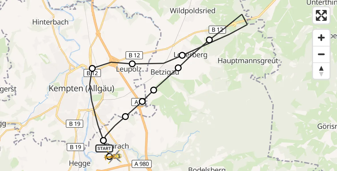 Flugroute Rettungshubschrauber Weidach - Kempten-Durach Flugplatz, 21 März 2026, 10:43