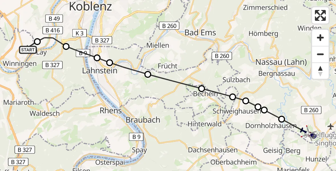 Flugroute Polizeihubschrauber Koblenz-Winningen Flugplatz - Singhofen, 21 März 2026, 10:45