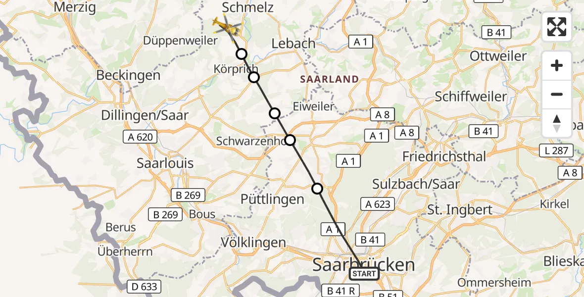 Flugroute Rettungshubschrauber Saarbrücken - Schmelz, 21 März 2026, 10:47
