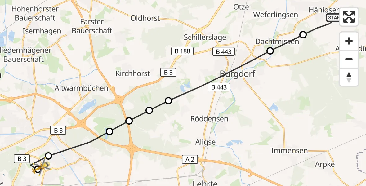 Flugroute Rettungshubschrauber Hägewiesen - Hannover Luftrettung Hubschrauberlandeplatz (Christoph 4), 21 März 2026, 10:54
