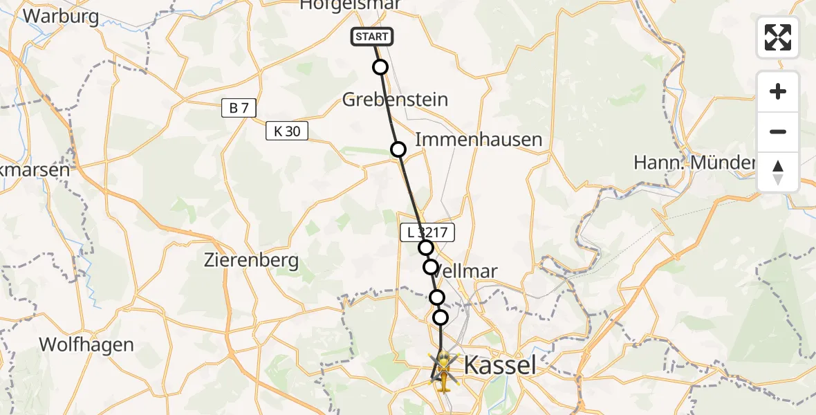 Flugroute Rettungshubschrauber Hofgeismar - Kassel, 21 März 2026, 11:01