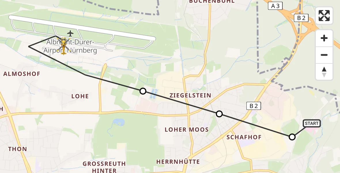 Routekaart van de vlucht: Rettungshubschrauber nach Flughafen Nuremberg