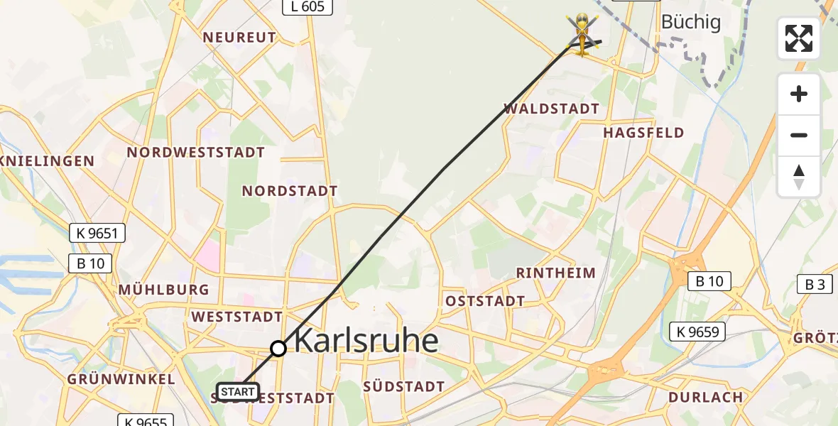 Flugroute Rettungshubschrauber Sankt Vincentius Hospital - Karlsruhe, 21 März 2026, 11:08