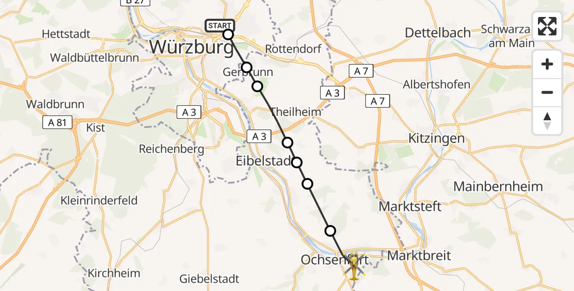 Routekaart van de vlucht: Rettungshubschrauber nach Ochsenfurt Hospital Hubschrauberlandeplatz