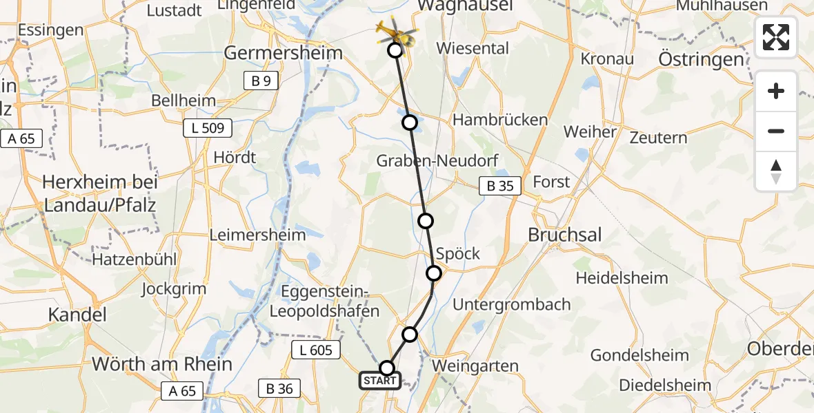 Flugroute Rettungshubschrauber Karlsruhe - Philippsburg, 21 März 2026, 11:36