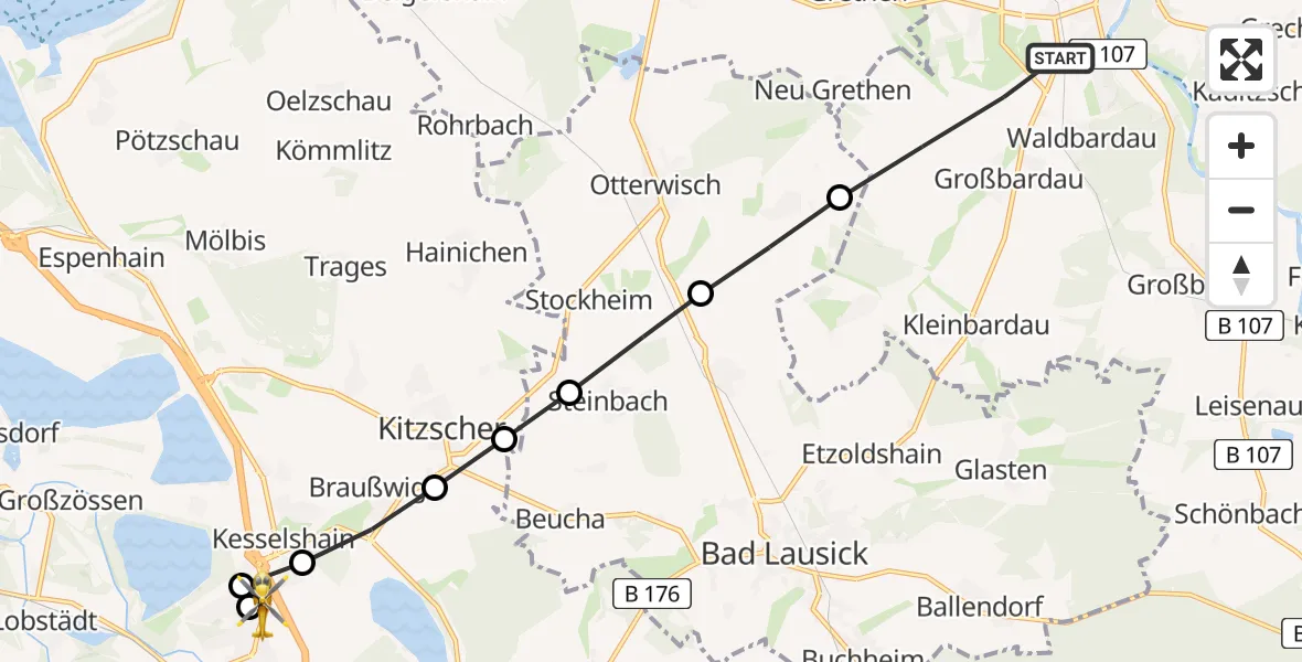 Flugroute Rettungshubschrauber Grimma - Sana Hospital Borna, 21 März 2026, 11:40