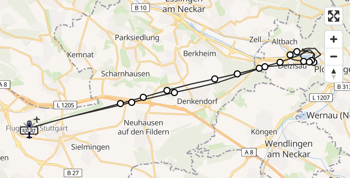 Routekaart van de vlucht: Polizeihubschrauber nach Flughafen Stuttgart