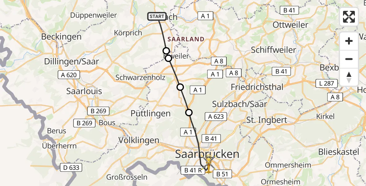 Routekaart van de vlucht: Rettungshubschrauber nach Saarbrücken, Winterberg