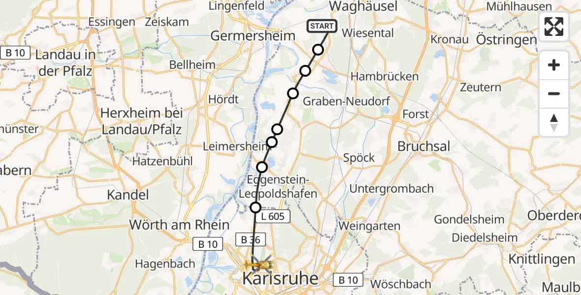 Flugroute Rettungshubschrauber Philippsburg - Karlsruhe, 21 März 2026, 12:18