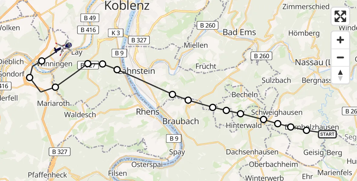 Routekaart van de vlucht: Polizeihubschrauber nach Koblenz-Winningen Flugplatz