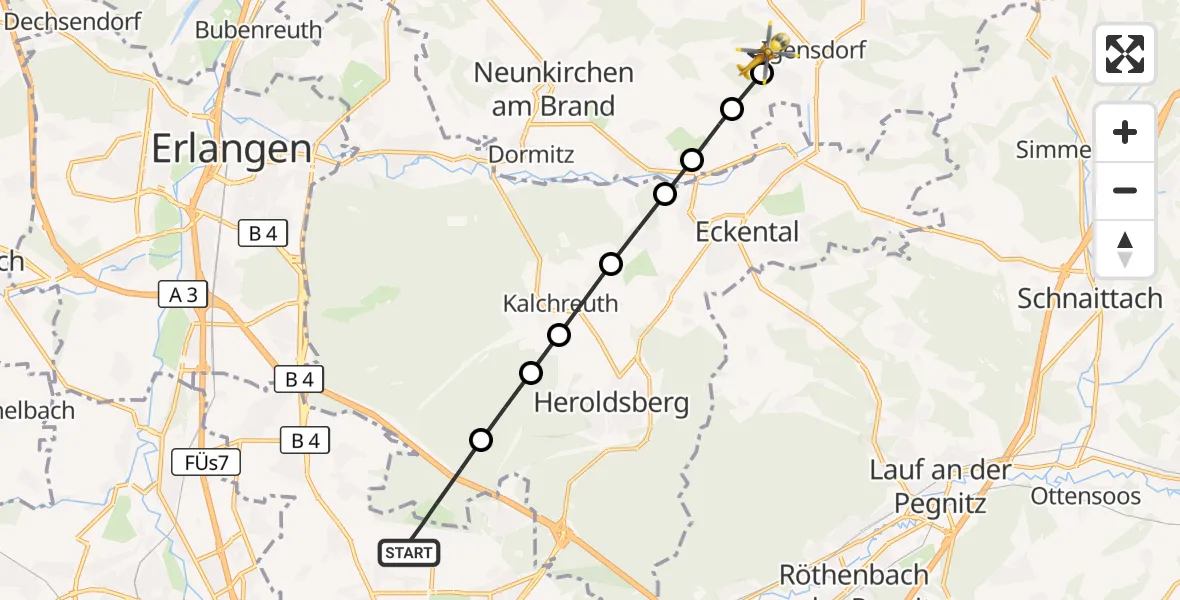 Flugroute Ambulanzhubschrauber Flughafen Nuremberg - Unterlindelbach, 21 März 2026, 12:19